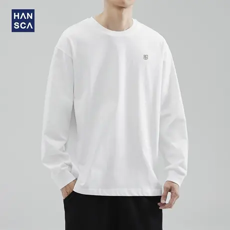 hansca 305g重磅白色圆领长袖t恤男春秋季纯棉宽松印花内搭打底衫图片