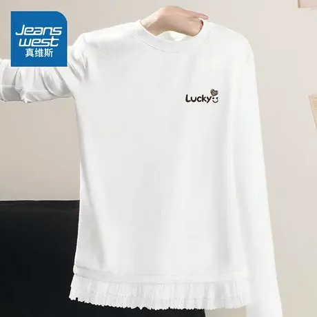 LB真维斯长袖t恤女2025新款韩系chic别致上衣秋季蕾丝拼接打底衫商品大图