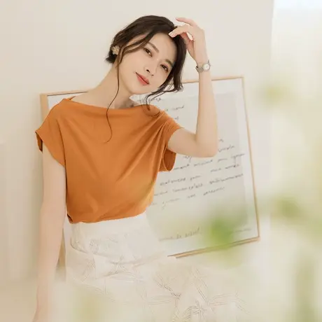 桔熊夏季通勤气质t恤纯色落肩一字领短袖合身上衣女装大码AB18733商品大图