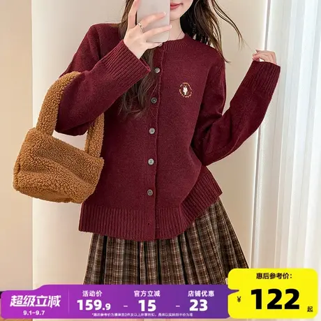 唐狮2025秋冬季女毛衣复古风绣花设计圆领开衫红色系氛围感图片