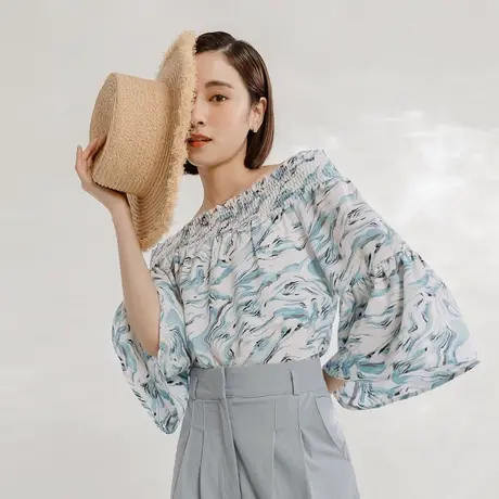 桔熊夏季通勤舒适凉爽雪纺衫渲染印花喇叭袖上衣女大码AB18278图片