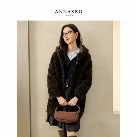 玖姿安娜蔻美拉德100羊毛颗粒绒连帽泰迪大衣外套女2025冬季新款图片