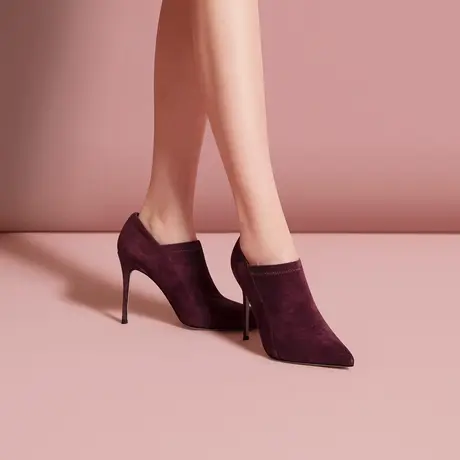 熙漫2023秋冬新款黑色法式经典尖头细跟及踝靴加绒百搭高跟靴子女图片