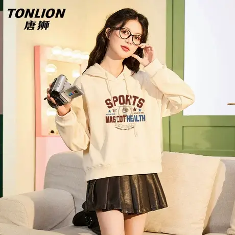 唐狮杏色连帽卫衣女春秋款2026新款小个子美式复古休闲短款上衣VB商品大图