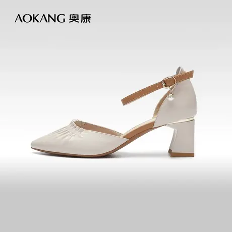 【门店发货】奥康女鞋2023夏新款韩版中跟粗跟褶皱一字扣女鞋凉鞋图片
