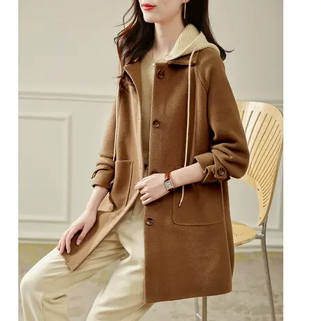 宝诗黎连帽针织拼接中长款外套新款2023韩版休闲口袋上衣时尚秋装商品大图