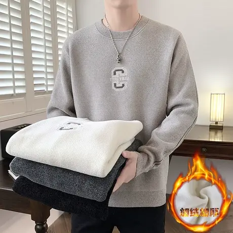 新款字母刺绣毛衣男冬季加绒加厚保暖针织衫男潮牌内搭圆领毛线衣商品大图
