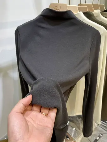 半高领纯色百搭加薄绒长袖T恤女2023秋冬新款厚实内搭打底衫上衣商品大图