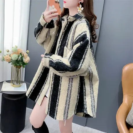 韩系复古竖条纹毛呢衬衫外套女秋冬2023新款宽松爆款休闲加厚上衣商品大图