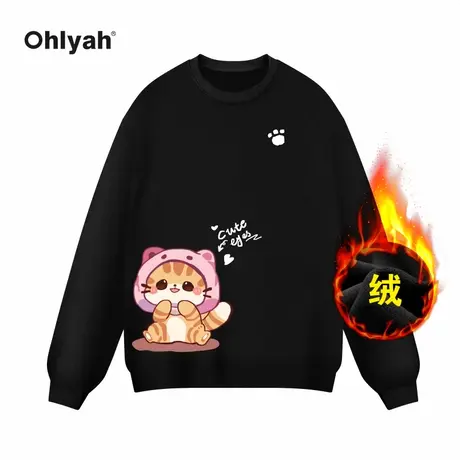Ohlyah品牌卡通帽子呆坐猫咪印花重磅纯棉大码圆领卫衣女学院风商品大图