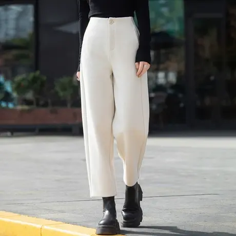 米白色裤子女秋冬天加厚靴裤小个子萝卜裤香蕉裤毛呢裤九分休闲裤商品大图