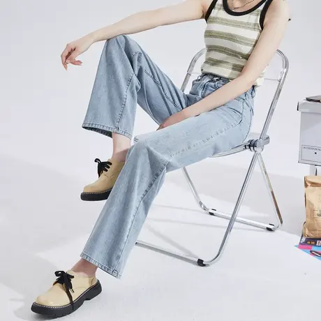 唐狮春秋季女牛仔裤宽松阔腿裤高腰显瘦腰头设计扣袢牛仔拖地裤图片