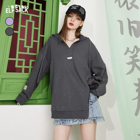 妖精的口袋拉链下摆灰色连帽卫衣女2023春新款v领宽松设计感小众图片