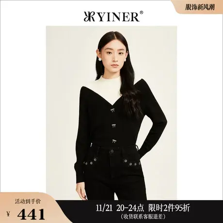 YINER音儿线上专选女装冬黑白撞色设计感蝴蝶扣针织衫套头上衣图片
