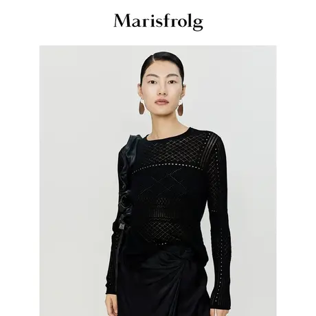 【轻密针织】玛丝菲尔时尚气质圆领镂空设计经典修身黑色针织衫女商品大图