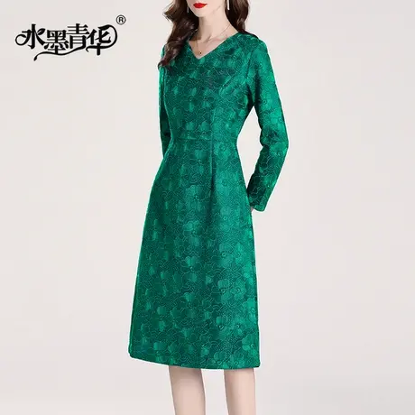 水墨青华春装新品时尚显瘦打底裙修身中长款亮丝绣花连衣裙商品大图