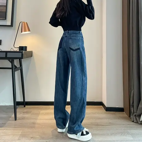 牛仔裤女春秋2024新款窄版高腰直筒宽松加厚拖地加绒小个子阔腿裤商品大图