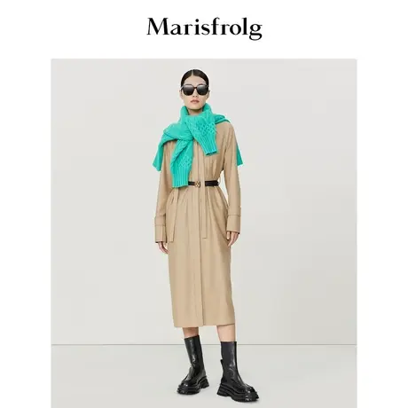 【衬衫式连衣裙】玛丝菲尔冬季卡其色可拆卸翻领羊毛连衣裙图片