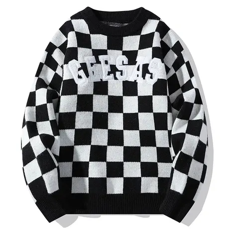 秋冬季黑白棋盘格毛衣男加厚潮流圆领长袖打底衫青少年学生针织衫商品大图