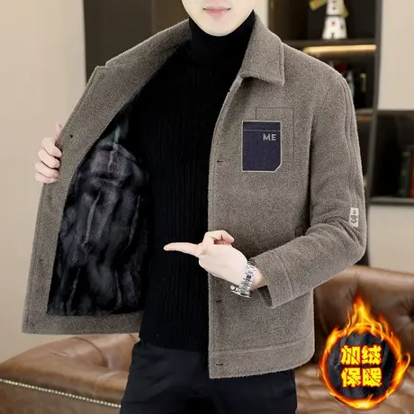高级感潮流男装加绒外套秋冬季休闲毛呢子金貂绒加棉加厚男士夹克商品大图
