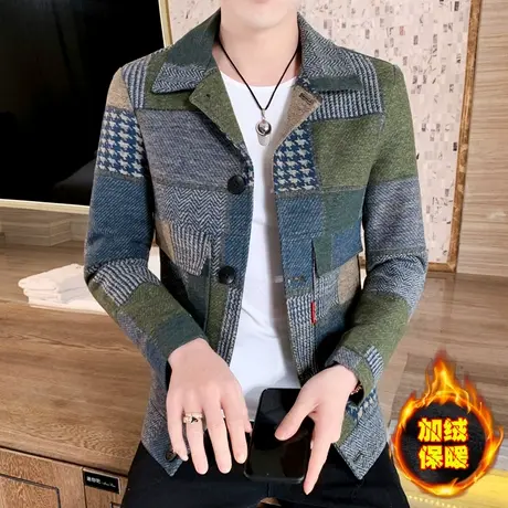 外套男士冬季加绒加厚短款呢子风衣潮流夹克韩版帅气翻领毛呢西装商品大图