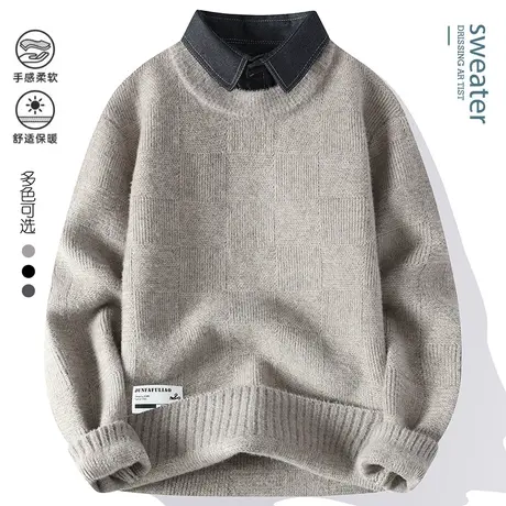 假两件毛衣男秋冬季加厚保暖衬衫领针织衫男士潮牌套头打底衫线衣商品大图