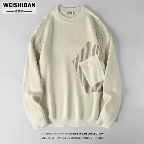 潮流拼接口袋套头毛衣2023秋冬季圆领毛衫青年百搭休闲宽松针织衫图片