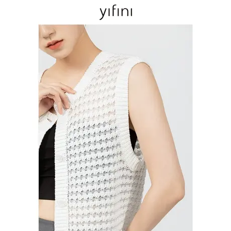 Yifini/易菲法式镂空钩花毛织马甲女春秋新款针织开衫无袖商品大图