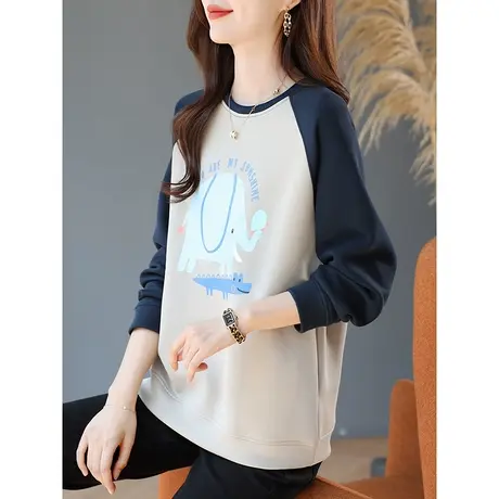 宝诗黎圆领字母印花撞色拼接棉质卫衣女春季时尚减龄上衣2024新款商品大图