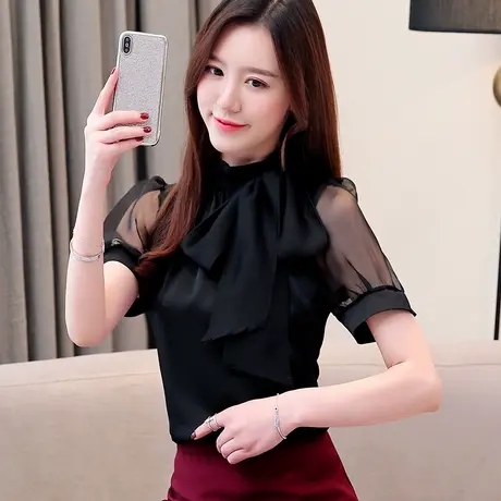 雪纺衫女短袖时尚新款夏韩版洋气超仙女百搭显瘦气质系带黑小衫08图片