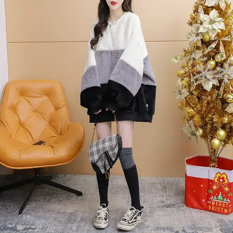 加绒加厚羊羔毛卫衣外套女2023新款秋冬季宽松慵懒风欧版大码上衣商品大图