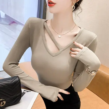 性感V领打底衫女春秋2024新款纯色百搭简约上衣显瘦气质T恤长袖潮商品大图