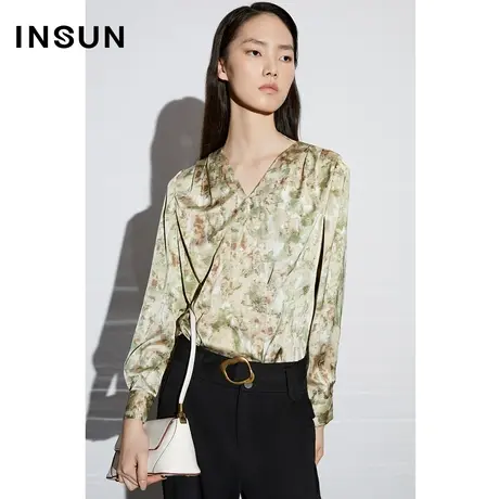 COVER春季雪纺绒印花斜门襟V领衬衫图片