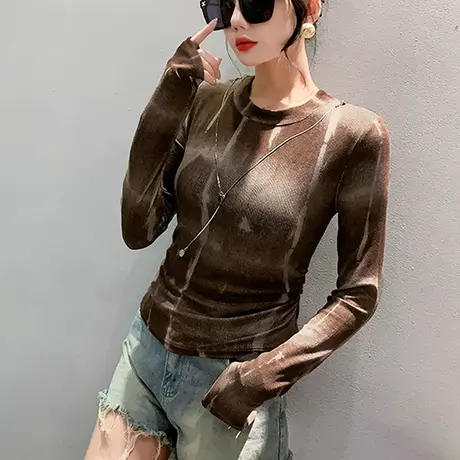 时尚扎染印花T恤女收腰长袖欧货链条设计感上衣紧身洋气打底衫秋商品大图