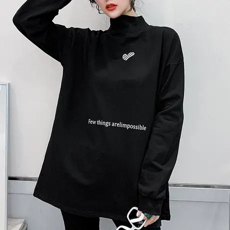 秋冬加厚卫衣女韩版休闲宽松中长款上衣洋气黑色半高领打底衫长袖商品大图