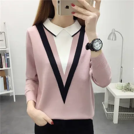 春季新款娃娃领宽松针织衫短款长袖打底衫套头毛衣女女士外穿上衣商品大图