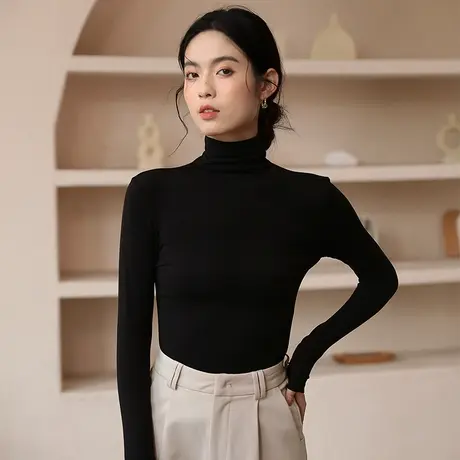 莫代尔高领打底衫女秋冬季新款黑色内搭长袖t恤修身洋气减龄上衣商品大图