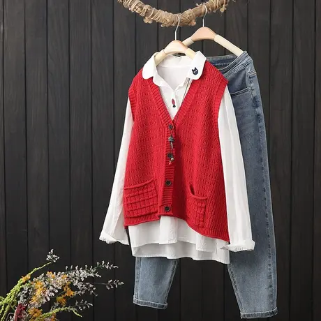 文艺复古纯色单排扣马夹女无袖麻花针织背心秋季新款V领开衫外搭商品大图