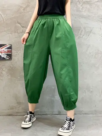 裤子女2023夏季薄款纯色复古文艺松紧腰百搭遮肉显瘦八分哈伦裤女商品大图