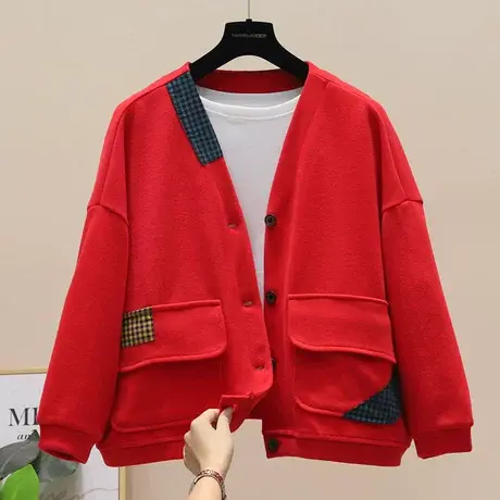 贴布卫衣女2023秋季新品韩版大口袋拼色V领开衫短款休闲针织外套商品大图