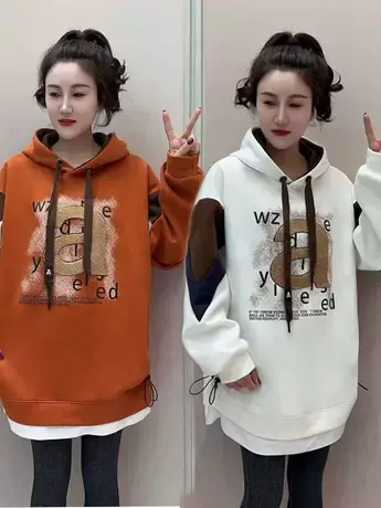 秋季新款a字母拼色毛巾绣抽绳连帽韩版宽松假两件休闲大码上衣女商品大图