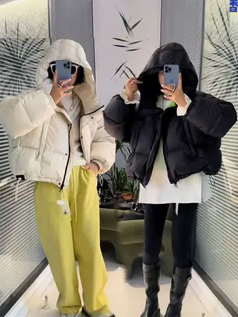 休闲撞色羽绒服女短款宽松2023新款冬装白鸭绒面包服外套加厚保暖图片