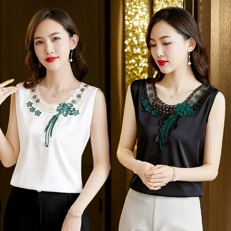 真丝吊带背心别致西装内搭V领蕾丝小衫女法式打底真丝小背心商品大图