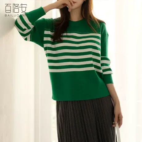 百洛安设计感小众条纹针织衫女秋季新款洋气减龄圆领长袖套头毛衣图片