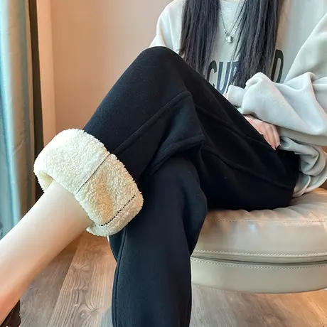 羊羔绒运动裤女2023年秋冬新款高腰宽松显瘦百搭休闲加厚束脚卫裤商品大图