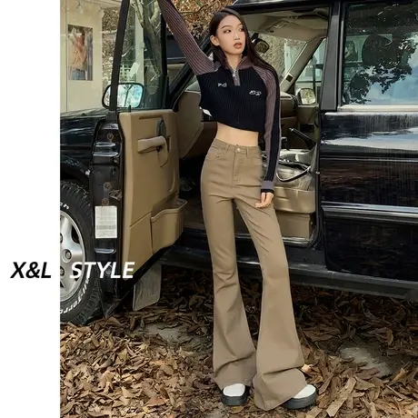卡其色微喇牛仔裤女春秋季2023新款美式显瘦修身阔腿马蹄喇叭裤子图片
