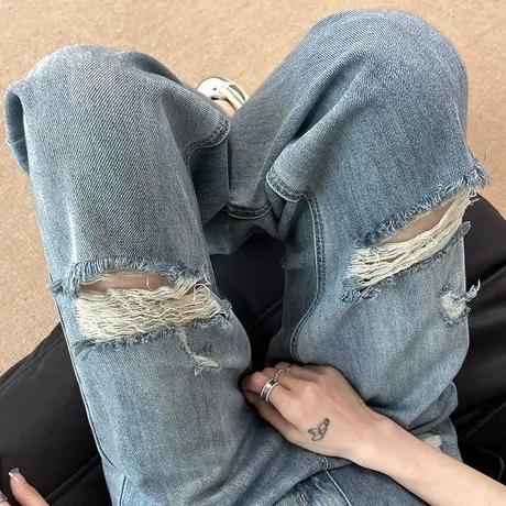 破洞阔腿牛仔裤女2024年春秋新款高腰宽松显瘦ins小众窄版直筒裤商品大图