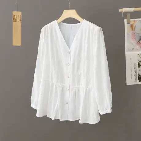 法式洋气白色衬衫女士小个子穿搭秋季2024新款裙摆式衬衣长袖上衣图片