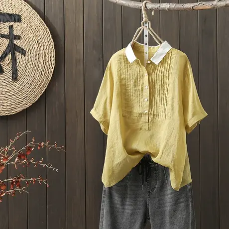 枫谜2022年夏季新款苎麻风琴皱翻领拼接衬衫复古轻薄衬衣图片