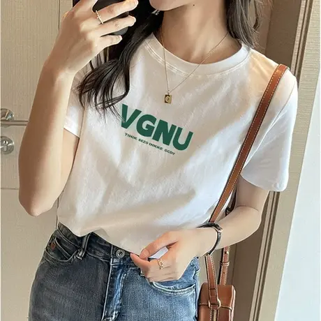 白色纯棉短袖t恤女夏2023年新款宽松百搭印花胖mm遮肚上衣打底衫商品大图